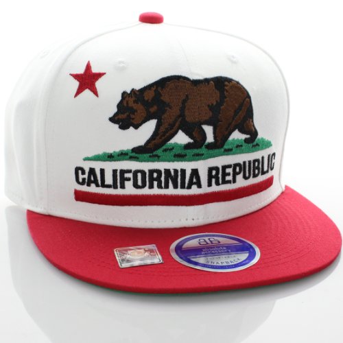 California Republic Flat Bill Vintage Style Snapback Hat Cap White Red